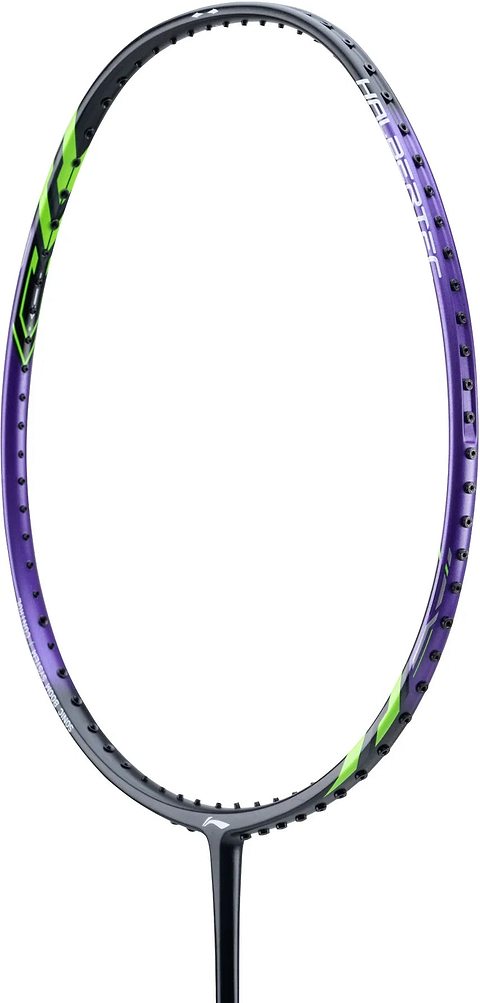 A close-up of the Li-Ning Halbertec 1000 Badminton Racket - Dragon Purple by Li-Ning, featuring a predominantly purple frame with green and black accents, displayed without strings against a white background—an excellent quality choice for beginners.