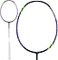 The Li-Ning Halbertec 1000 Badminton Racket - Dragon Purple, designed for beginners, showcases a white handle and a black frame highlighted with green and purple accents from the Li-Ning brand, displayed both in full view and in a detailed close-up of the racket head.