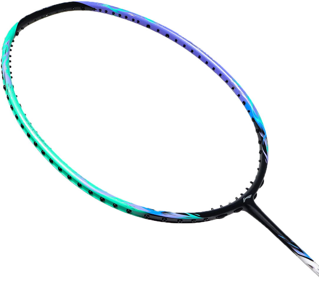A close-up of the Li-Ning Halbertec 7000 II Badminton Racket (Jade Blue / Rosy Purple) highlights its all-round control frame and vibrant gradient design by Li-Ning, shown without strings.