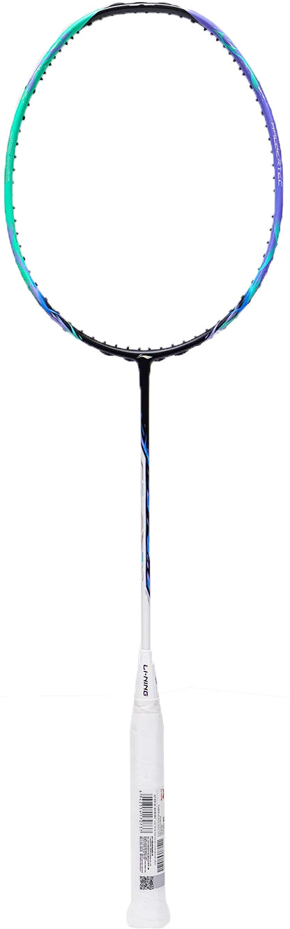 A Li-Ning Halbertec 7000 II Badminton Racket in Jade Blue and Rosy Purple, featuring an all-round control frame and a white grip handle, is displayed against a plain white background.
