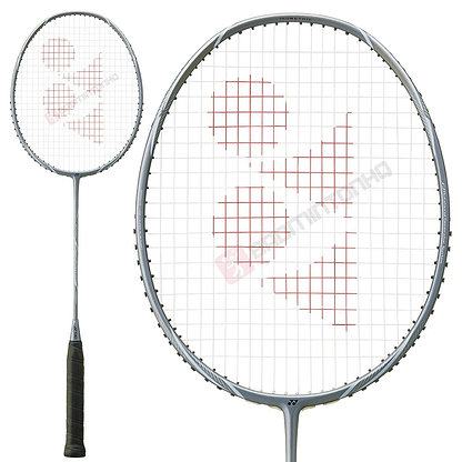 The Yonex Astrox Nextage 4U Badminton Racket in Light Grey includes a black handle and silver frame with strings that feature a red geometric logo, ideal for intermediate players. The image shows the full racket and a close-up of its head.