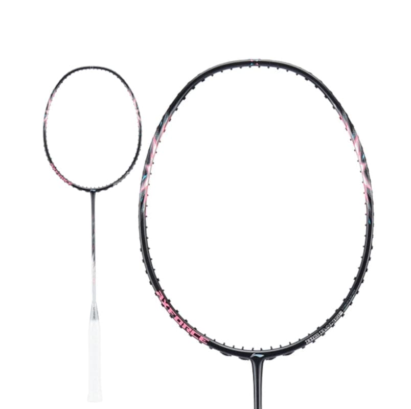The image features two badminton rackets with black frames. In the foreground is a larger Li-Ning Axforce Big Bang 5U Badminton Racket, highlighted by its pink and black design, perfect for intermediate to advanced players. The smaller racket in the background sports a white handle. Both rackets rest against a plain white backdrop.