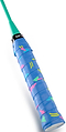 Close-up of a tennis racket handle wrapped in Get A Grip Cutting Shapes Badminton Overgrip - Blue, featuring pink, yellow, and green geometric patterns with "Get A Grip" branding for enhanced moisture absorption.