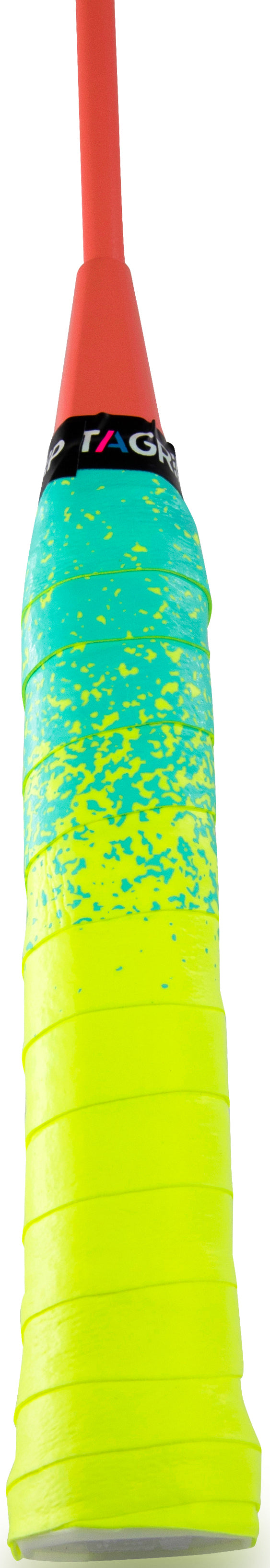 Close-up of the Get A Grip Paint the Lines Neon / Yellow Blue Badminton Racket Overgrip by Get A Grip, showing its bright yellow and blue grippy, non-slip texture, a red end cap, and a partially visible black label near the top.