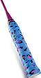 Close-up of the Get A Grip Change Your Spots Blue Pink Badminton Racket Overgrip by Get A Grip, featuring a blue, non-slip grip with black and pink leopard print on a purple shaft against a white background.