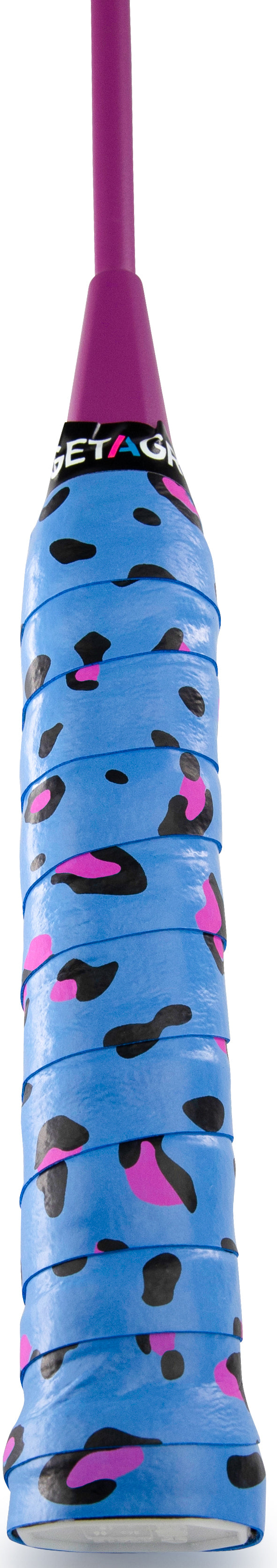 A close-up of the Get A Grip Change Your Spots Blue Pink Badminton Racket Overgrip by Get A Grip, featuring a blue non-slip grip with black spots, pink accents, and a purple cap.