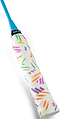 Close-up of a Get A Grip Spring & Bounce Badminton Overgrip in white, wrapped on a handle with colorful, crayon-style patterns—green, orange, purple, yellow—a blue top, and a black "Get A Grip" label.