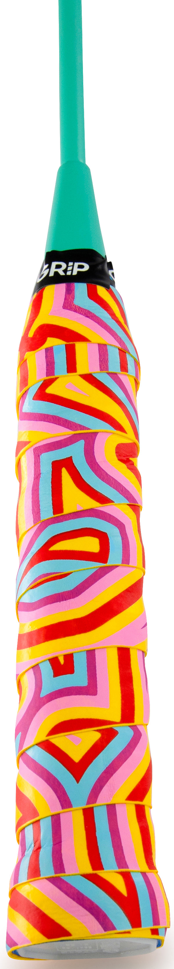A close-up of the Get A Grip Love All Badminton Racket Overgrip by Get A Grip shows a wavy, colorful design with yellow, red, pink, and blue swirls. The non-slip grip ensures secure handling, and the teal top displays a partial black and white label.