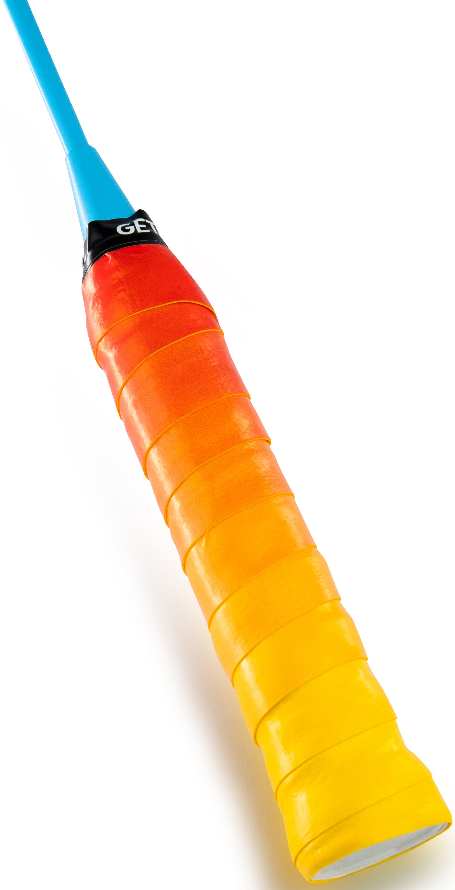 A close-up of a Get A Grip Game Sunset Match Badminton Racket Overgrip, showing its yellow-to-orange-to-red gradient design with enhanced moisture absorption, wrapped on the handle with the blue shaft visible above.