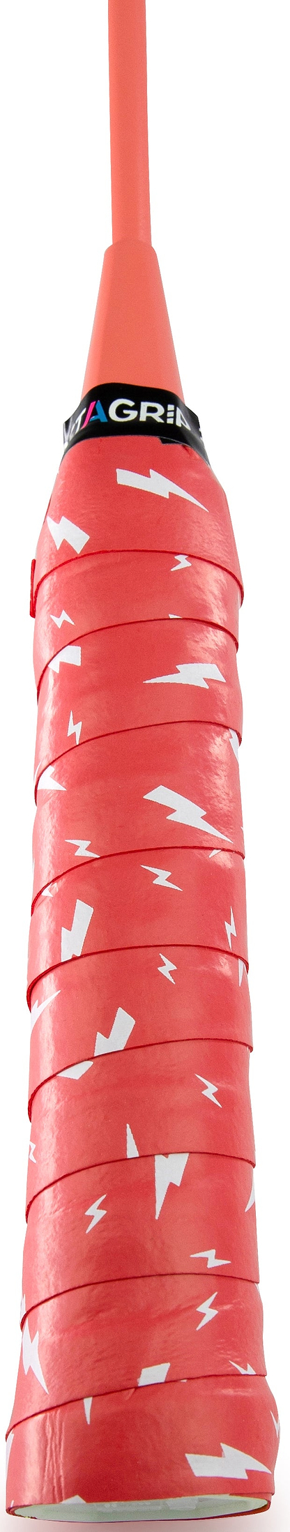 Close-up of a red Get A Grip Charged Up Badminton Overgrip by Get A Grip, featuring white lightning bolt patterns wrapped around a racket handle.