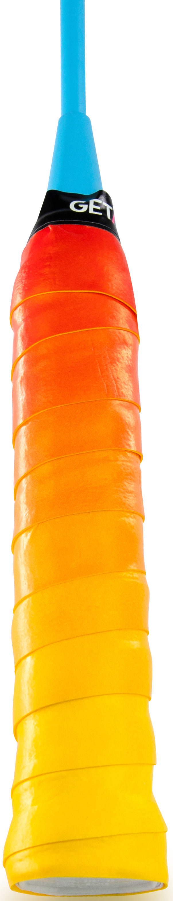 Close-up of a Get A Grip Game, Sunset Match Badminton Racket Overgrip by Get A Grip, showing its shiny, grippy gradient wrap transitioning from yellow to orange and red, with a blue shaft and partially visible black "GET" band.