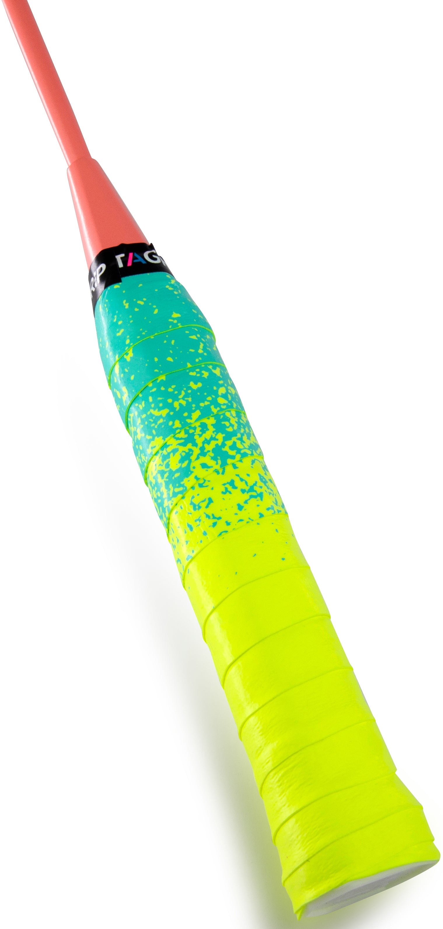 Close-up of the Get A Grip Paint the Lines Neon / Yellow Blue Badminton Racket Overgrip by Get A Grip, featuring a grippy, non-slip yellow and blue speckled pattern wrapping a red handle against a white background.