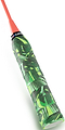 Close-up of the Get A Grip Ace Tropic Green Badminton Racket Overgrip by Get A Grip, featuring a green leaf-patterned, non-slip surface on the handle. The red shaft appears at the top, set against a white background.