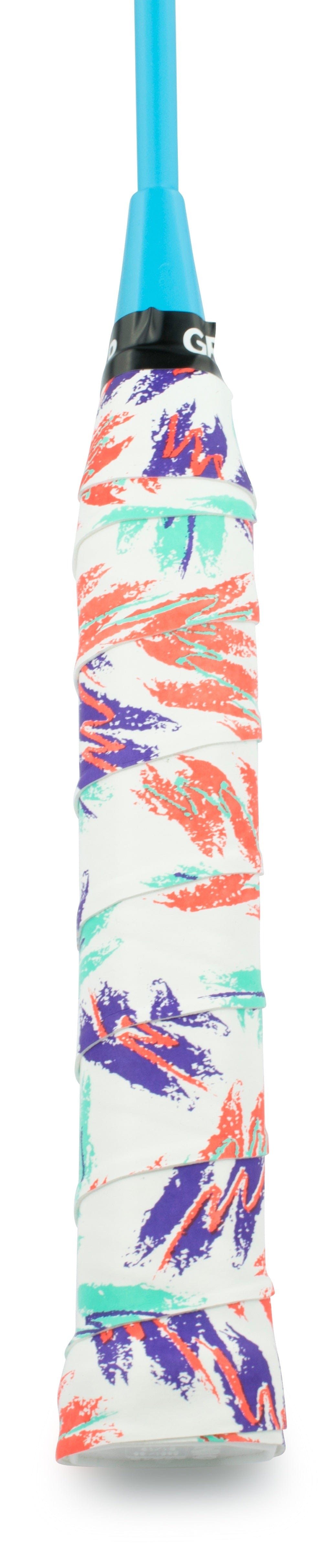 Close-up of a cricket bat handle wrapped in Get A Grip Baseline Badminton Overgrip by Get A Grip, featuring a white surface with orange, purple, and teal abstract patterns and a light blue top for better moisture absorption.
