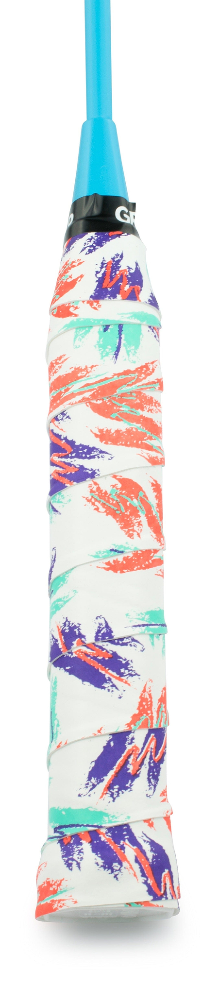 Close-up of a cricket bat handle wrapped in Get A Grip Baseline Badminton Overgrip by Get A Grip, featuring a white surface with orange, purple, and teal abstract patterns and a light blue top for better moisture absorption.