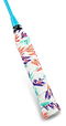 Close-up of a Get A Grip Badminton Overgrip - Baseline by Get A Grip, featuring abstract orange, purple, and green patterns on white. The grip's top is light blue for enhanced moisture absorption.