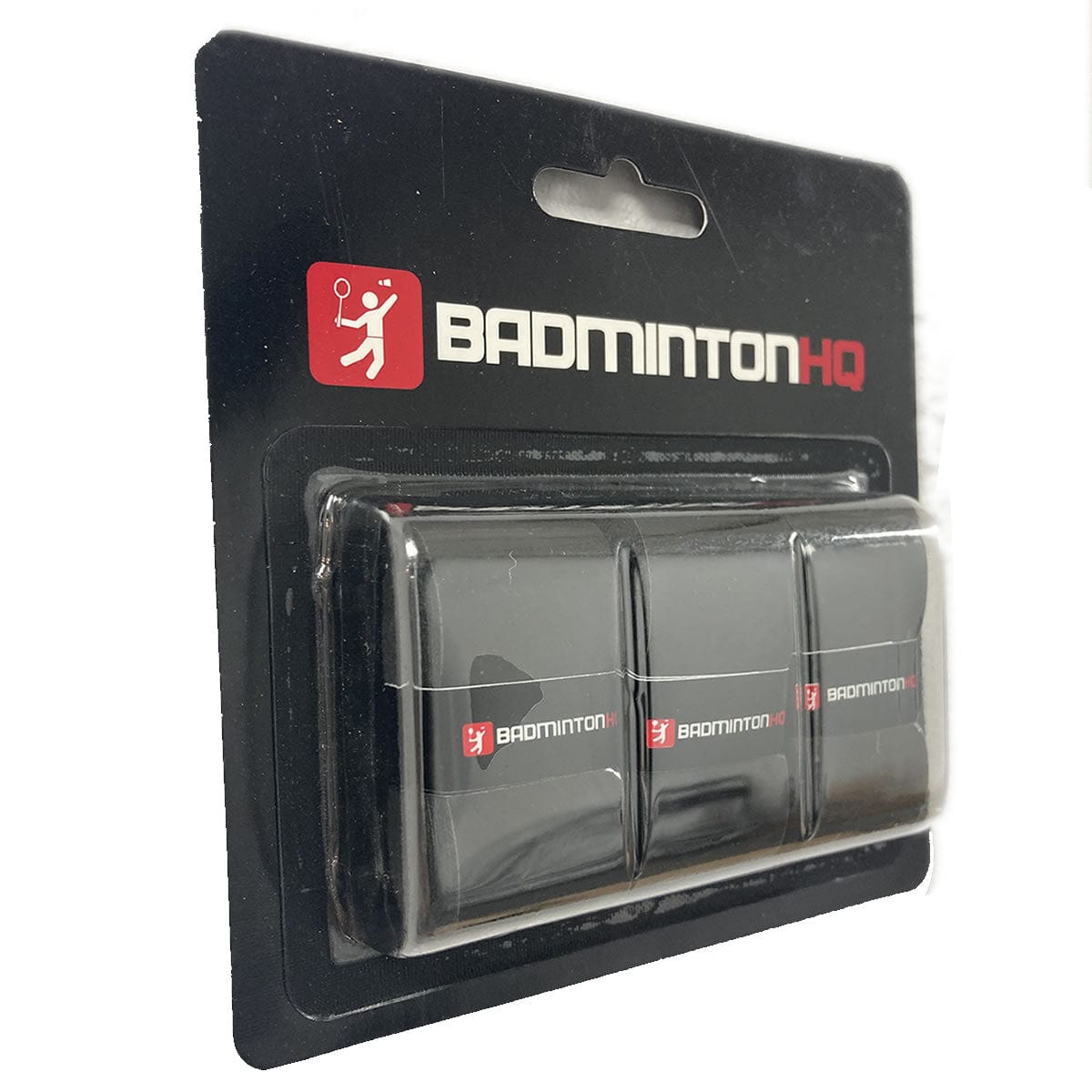 A set of three BadmintonHQ white overgrips with advanced sweat-absorption technology, packaged in clear plastic with branded cardboard backing. Features a stylized figure and racket logo to ensure grip consistency during intense matches.