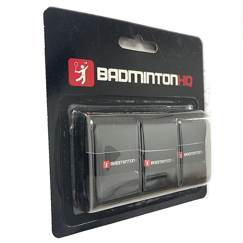 A set of three BadmintonHQ white overgrips with advanced sweat-absorption technology, packaged in clear plastic with branded cardboard backing. Features a stylized figure and racket logo to ensure grip consistency during intense matches.