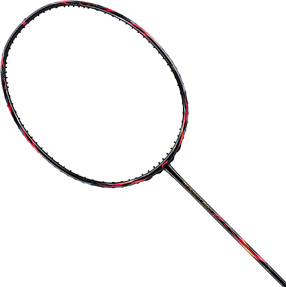 The Li-Ning BladeX 800 Power Badminton Racket - Lava Red features a black M46X carbon frame with red and yellow accents, displayed against a white background.