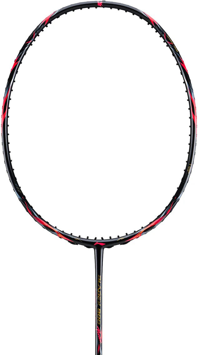 A close-up of the Li-Ning BladeX 800 Power Badminton Racket - Lava Red shows its black frame with red and gold accents, crafted from M46X carbon and unstrung, set against a white background.