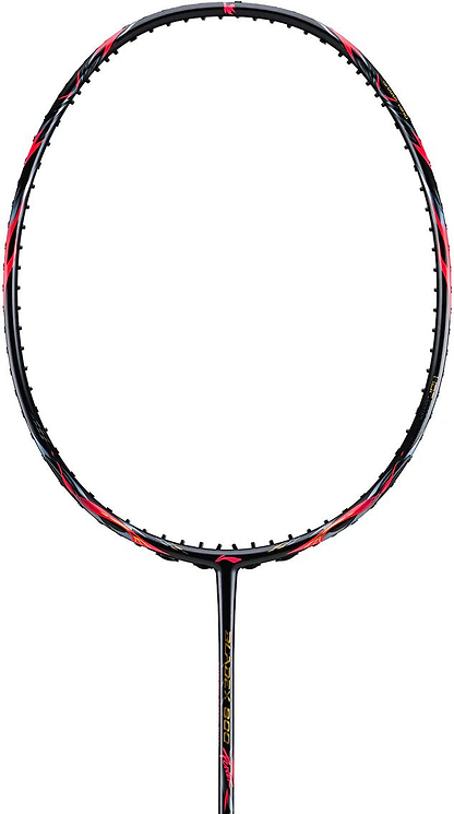 A close-up of the Li-Ning BladeX 800 Power Badminton Racket - Lava Red shows its black frame with red and gold accents, crafted from M46X carbon and unstrung, set against a white background.