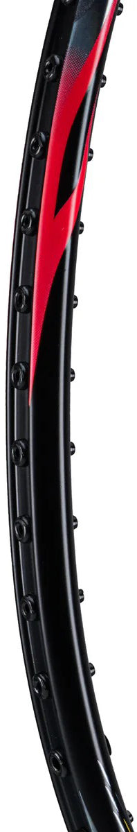 Close-up of the black frame with red accents on the Li-Ning BladeX 800 Power Badminton Racket - Lava Red, showing visible string holes and M46X carbon construction.
