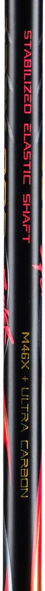 A close-up of the Li-Ning BladeX 800 Power Badminton Racket - Lava Red shows its black shaft with red and yellow accents, featuring "STABILIZED BLAST SHAFT" and "IMPACT ULTRA & SWING," highlighting advanced M46X carbon technology.