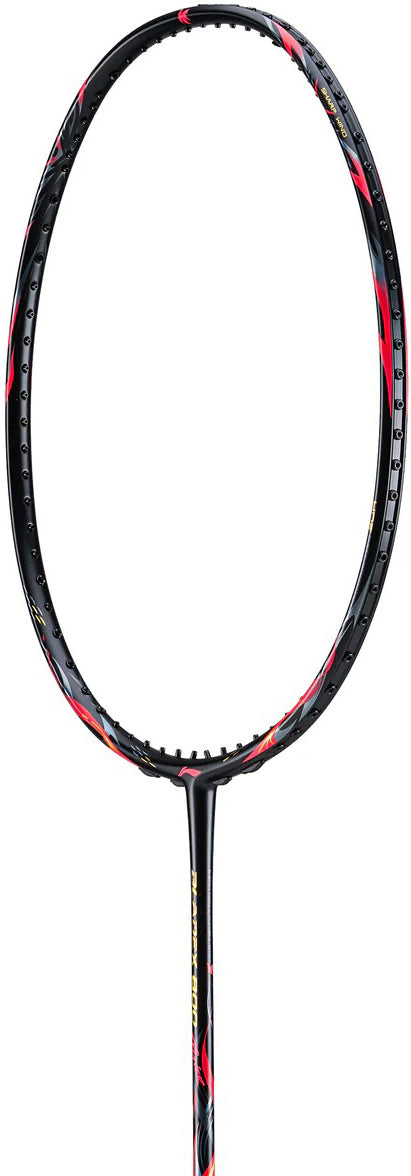 A close-up of the Li-Ning BladeX 800 Power Badminton Racket - Lava Red, featuring black with red and gold accents, crafted from M46X carbon, is displayed unstrung against a white background.