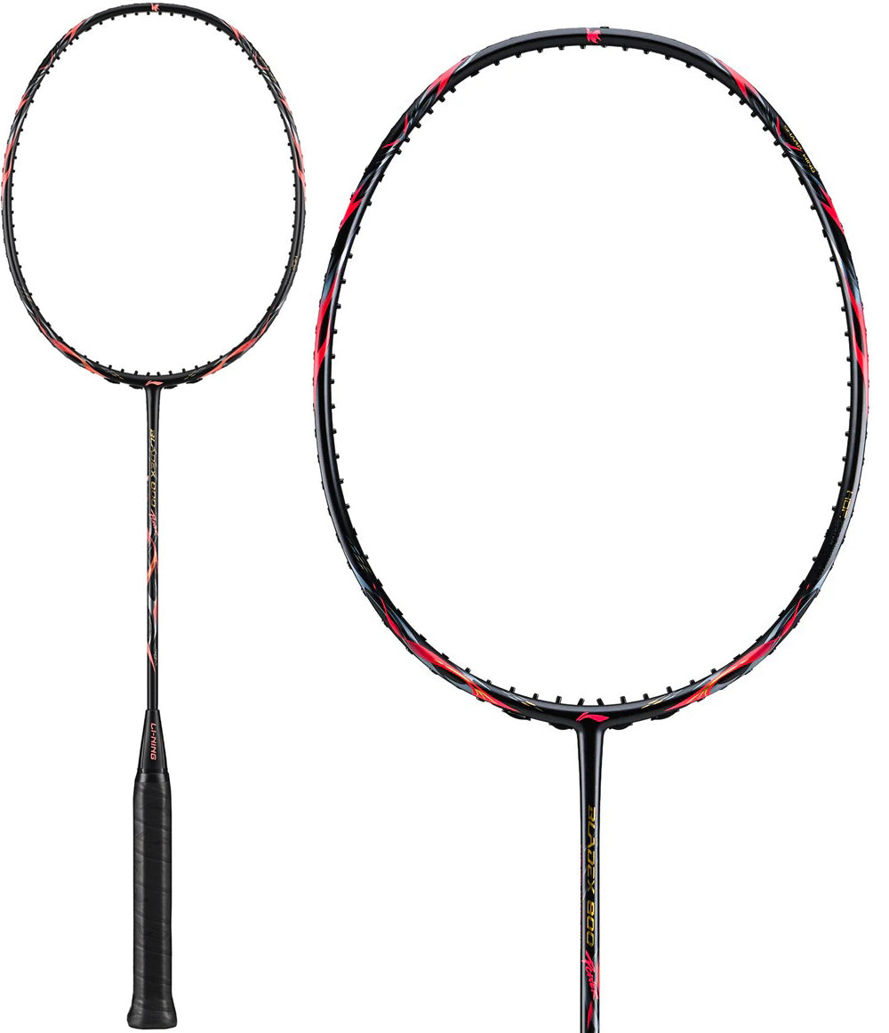 The Li-Ning BladeX 800 Power Badminton Racket - Lava Red, by Li-Ning, features a black handle and shaft with red and white frame accents, displayed in full view and a carbon head close-up.