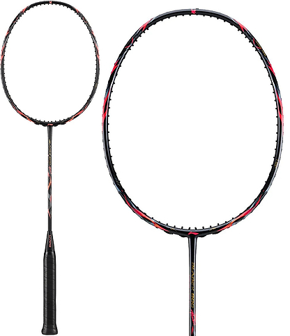 The Li-Ning BladeX 800 Power Badminton Racket - Lava Red, by Li-Ning, features a black handle and shaft with red and white frame accents, displayed in full view and a carbon head close-up.