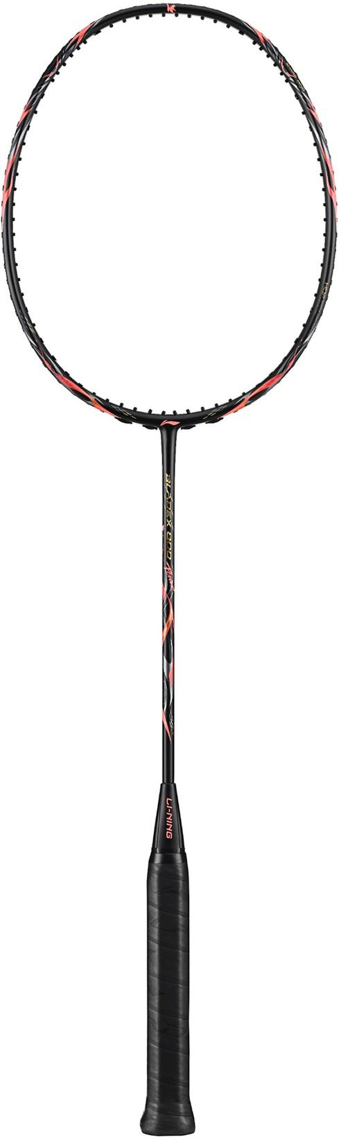 The Li-Ning BladeX 800 Power Badminton Racket - Lava Red features a slim M46X carbon shaft, black grip, and red accents, set against a white background.