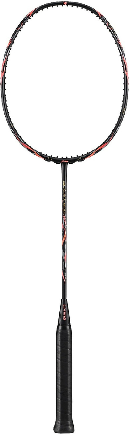 The Li-Ning BladeX 800 Power Badminton Racket - Lava Red features a slim M46X carbon shaft, black grip, and red accents, set against a white background.