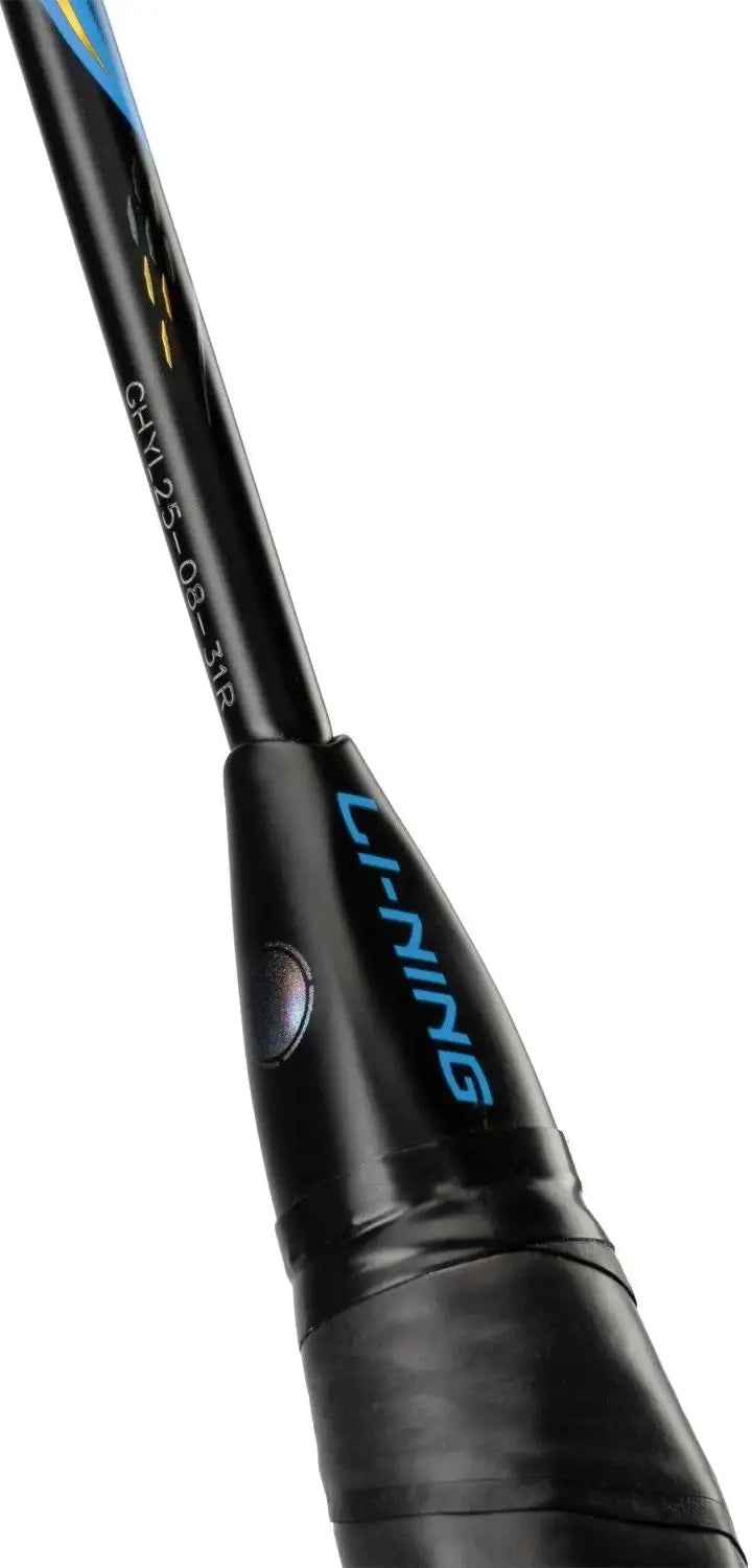 Close-up of the black handle of the Li-Ning BladeX 800 Speed Badminton Racket - Storm Blue, featuring "Li-Ning" in blue and model details on the shaft.