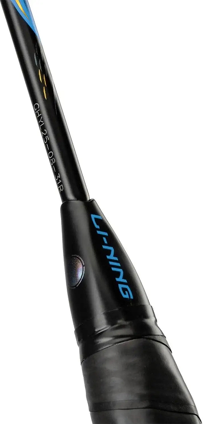 Close-up of the black handle of the Li-Ning BladeX 800 Speed Badminton Racket - Storm Blue, featuring "Li-Ning" in blue and model details on the shaft.