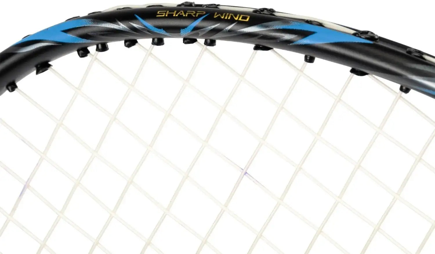 Close-up of the top section of the Li-Ning BladeX 800 Speed Badminton Racket - Storm Blue, showing its white strings and black frame with blue accents and the words "SHARP WIND" printed on it.