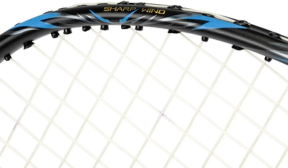 Close-up of the top section of the Li-Ning BladeX 800 Speed Badminton Racket - Storm Blue, showing its white strings and black frame with blue accents and the words "SHARP WIND" printed on it.