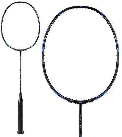 The Li-Ning BladeX 800 Speed Badminton Racket - Storm Blue is displayed; one image shows the full head-light racket, while a close-up highlights its oval head and stringless frame.