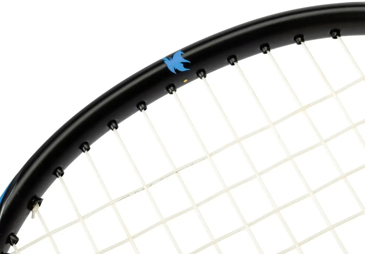 Close-up of the Li-Ning BladeX 800 Speed Badminton Racket - Storm Blue, showing white strings and a small blue bird logo on the frame, highlighting the sleek design typical of Li-Ning rackets.