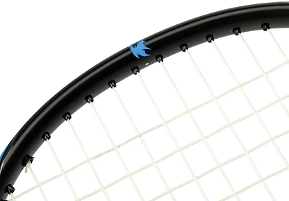 Close-up of the Li-Ning BladeX 800 Speed Badminton Racket - Storm Blue, showing white strings and a small blue bird logo on the frame, highlighting the sleek design typical of Li-Ning rackets.