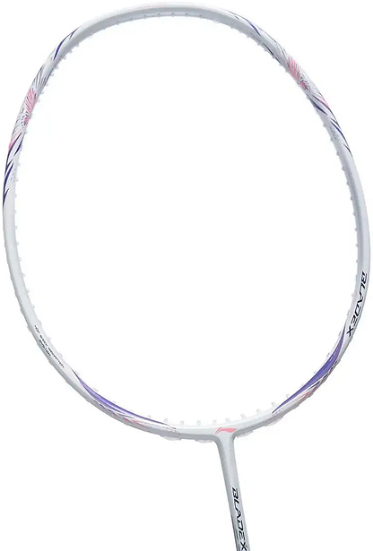 A close-up of the Li-Ning BladeX 600 4U 2026 Badminton Racket in white and purple, showing its head-light balance with only the frame and shaft visible, no strings.
