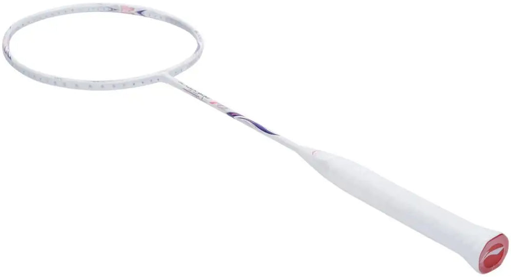 The Li-Ning BladeX 600 4U 2026 badminton racket in white and purple features a slim handle, oval head, and head-light balance, shown against a plain white background.