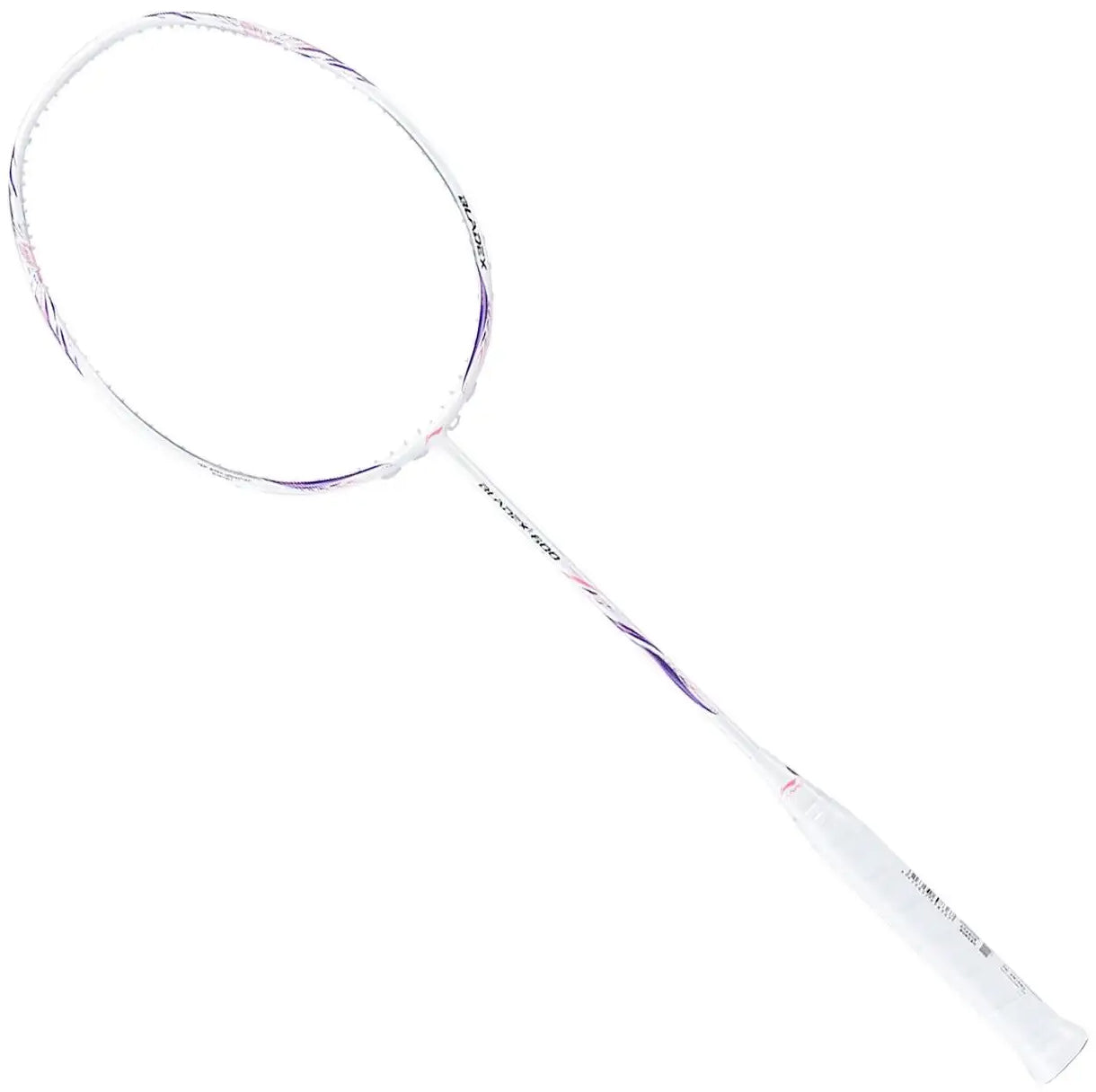 A Li-Ning BladeX 600 4U 2026 Badminton Racket in white and purple with a slim frame, head-light balance, and a wrapped handle is shown against a plain white background.