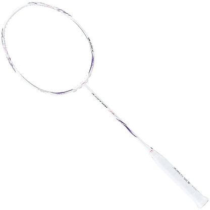 A Li-Ning BladeX 600 4U 2026 Badminton Racket in white and purple with a slim frame, head-light balance, and a wrapped handle is shown against a plain white background.