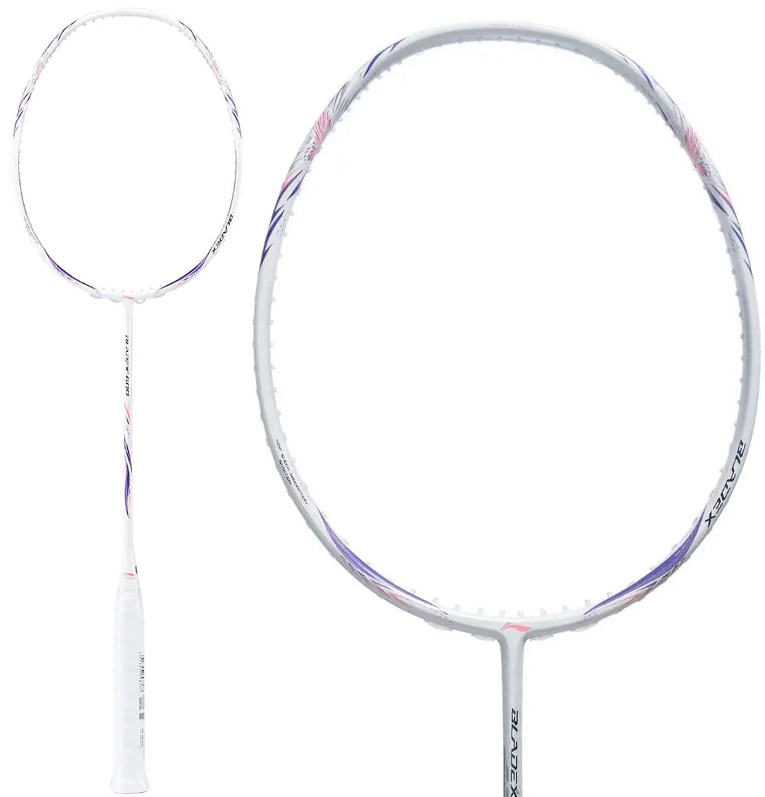 The Li-Ning BladeX 600 4U 2026 Badminton Racket in white and purple is shown with a full-length view and a close-up of its head-light balance, set against a plain white background.