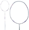 The Li-Ning BladeX 600 4U 2026 Badminton Racket in white and purple is shown with a full-length view and a close-up of its head-light balance, set against a plain white background.