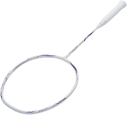 The Li-Ning BladeX 600 4U 2026 Badminton Racket in white with purple and pink accents features a head-light balance, slim handle, and circular stringed head, displayed on a plain white background.