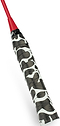 Close-up of the Get A Grip Cow-A-Bunga Badminton Overgrip in White/Black by Get A Grip, shown wrapped on a bat handle for moisture absorption and comfort. Part of the red bat is visible at the top; ideal as a badminton or racket grip.