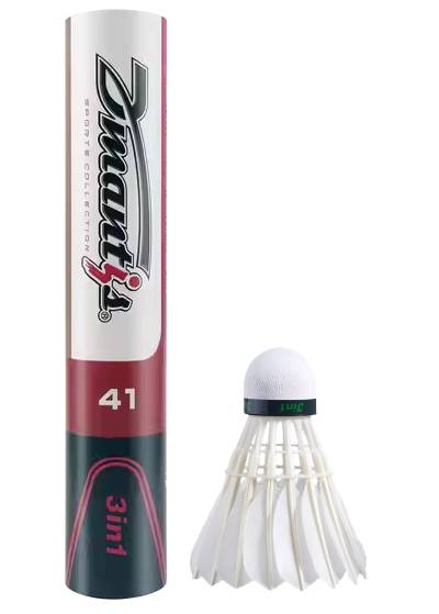 An Ashaway Dmantis D41 Hybrid Badminton Feather Shuttlecock with a green band stands beside its cylindrical tube labeled "Mantis 41 3in1.