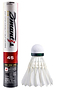 A red and white tube labeled "Dmantis D41 Hybrid Badminton Feather Shuttles - Speed 78" stands upright next to a white shuttlecock with a green band, highlighting its durable nylon skirt and aerodynamic design. Brand: Dmantis.