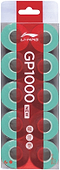 A 10-pack of Li-Ning GP1000 Badminton Overgrips in green, stacked in two columns. Absorbent grips come in red packaging with white text and the Li-Ning logo at the top, ideal for badminton players’ overgrip needs.